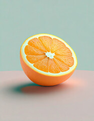 Half fresh orange isolated on light orange background. Minimal fruit concept, isolated copy space design.