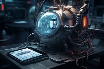 Fototapeta premium Astronaut helmet on the table with tablet. 3d rendering. Ai Generated.