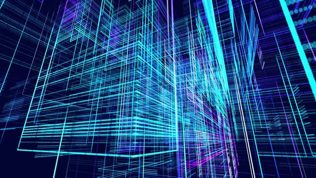 vj loop abstract sci-fi bg glow particles form lines. Hi-tech info technology. Lines form blue hologram information blocks, ai construction light grid, info concept lines and nodes. Big data.