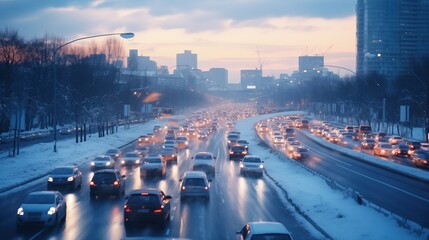 Dynamic shot - top view of a car maneuvering in winter city traffic after snow by Generative AI - obrazy, fototapety, plakaty
