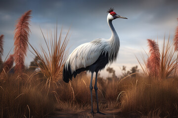Fototapeta premium Image of red-crowned crane in wetland meadows on a natural background. Birds., Wildlife Animals.