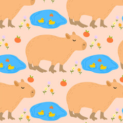 Capybara seamless pattern. Capibara vector illustration for fabric, children's clothing, wrapping paper, children's textiles