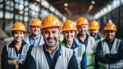 Group of happy workers in orange hard hats. Engineers or construction workers in helmets on a construction site. A team of construction workers for a quick repair. - obrazy, fototapety, plakaty
