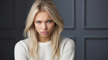 Fototapeta premium Portrait of a sad blond young woman. Copy space. Depression, loneliness, mental disturbance, problems.