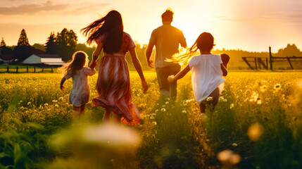 Group of people running through field of grass with the sun in the background.
