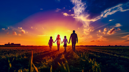 Group of people holding hands walking across field with the sun setting in the background. - obrazy, fototapety, plakaty