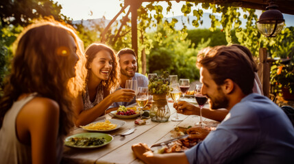 Group of people sitting around table with food and wine in front of them.