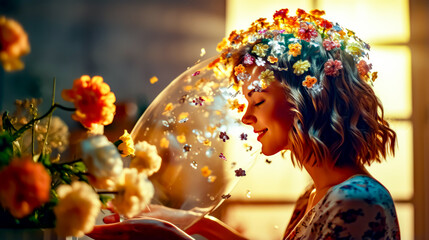 Woman with flower crown on her head looking at vase of flowers.