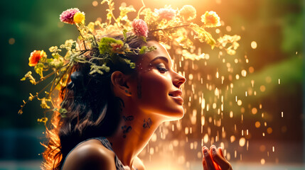 Woman with flowers on her head and rain falling down on her face.