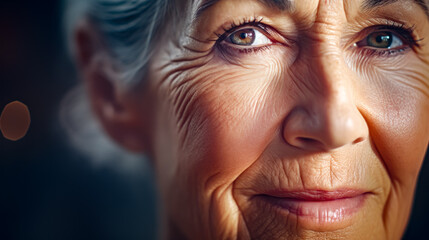 Close up of woman's face with wrinkles on her eyes.