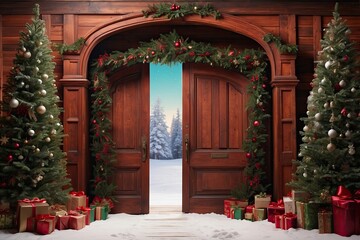 Fototapeta na wymiar Christmas tree and tree decorations on the snow behind wooden door, in the style of vibrant stage backdrops, pastoral charm, maroon and green, ready-made, cottagecore, arched doorway, backdrop, 