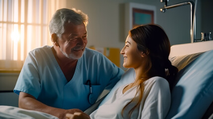 Man and woman smile at each other while sitting in hospital bed.