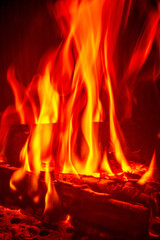 Fire in the fireplace, close-up of a burning firewood