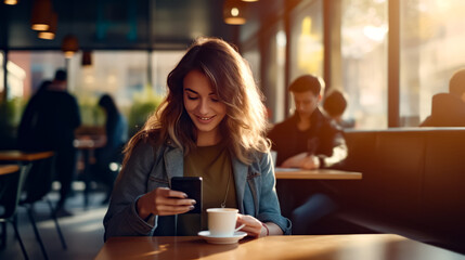Woman sitting at table with cup of coffee looking at her cell phone.