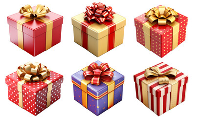 Set of single Christmas gift boxes isolated on transparetn background. frontal and isometric view