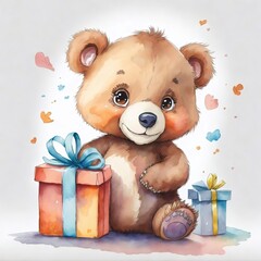 Watercolor cute teddy bear with a gift box on a white background