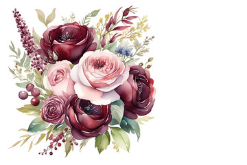 Beautiful watercolor floral arrangement with burgundy and pink flowers