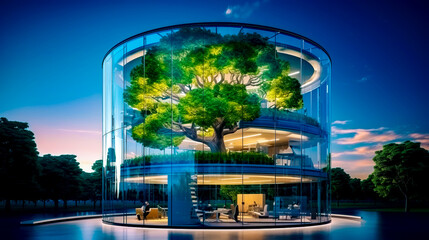 Glass building with tree in the middle of it and man standing in front of it.
