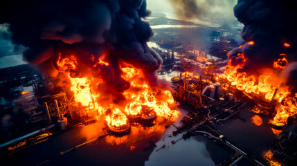 Oil refinery with lots of flames and smoke billowing out of it.