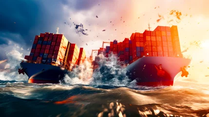 Poster Large cargo ship in the middle of large body of water with lot of containers on top of it. © Констянтин Батыльчук