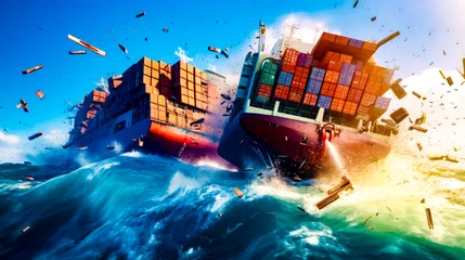 Poster Large ship in the middle of large body of water with lots of containers on top of it. © Констянтин Батыльчук