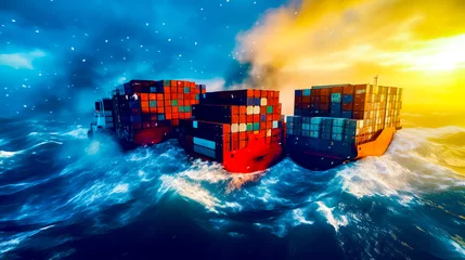  Group of cargo containers floating on top of wave in the ocean. © Констянтин Батыльчук