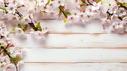Branch of cherry blossoms on white wooden background with space for text.