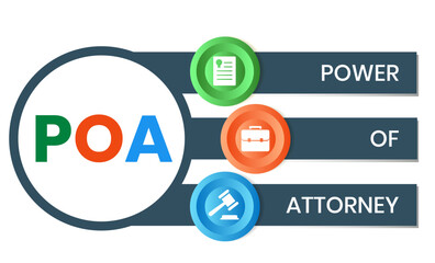 POA, Power of Attorney. Concept with keywords and icons. Flat vector illustration. Isolated on white background. - obrazy, fototapety, plakaty