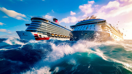 Two cruise ships in the middle of the ocean with wave in front of them. - obrazy, fototapety, plakaty