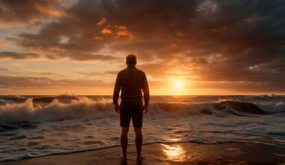 Man on the background of stormy sea at sunset. AI