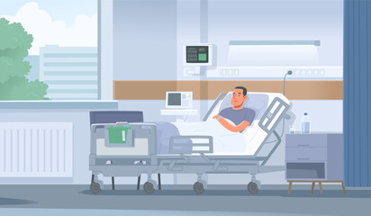 Sick man lies in bed in a ward in a hospital. Hospitalization of the patient