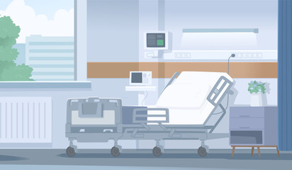 Interior of an empty hospital room with a bed and medical equipment. Vector illustration
