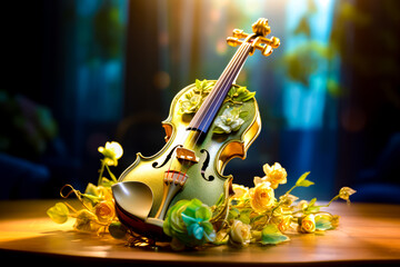 Violin sitting on top of table next to bouquet of flowers.
