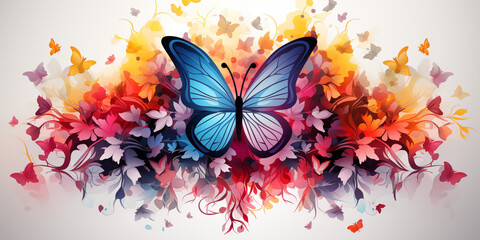 Zeichnung eines bunten abstrakten Schmetterling in farbenfrohen Design für Hintergrundmotiv im Querformat für Banner, ai generativ