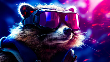 Raccoon wearing goggles and pair of headphones on.