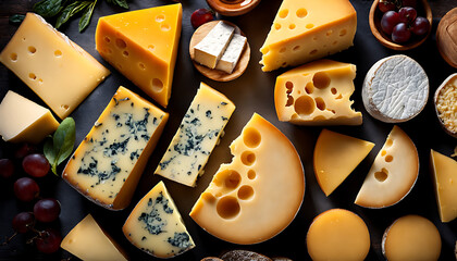 cheese selection viewed from above,a pile of cheeses - obrazy, fototapety, plakaty