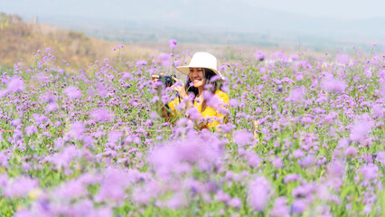 Traveler or tourism Asian women standing and holding camera take a photo flower in the purple ...
