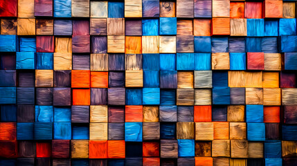Wall made up of wooden blocks with different shades of blue and brown.