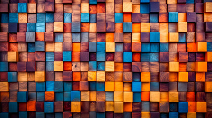 Wall made up of wooden blocks with different shades of brown and blue.