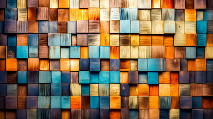 Wall made up of wooden blocks with different shades of brown and blue.