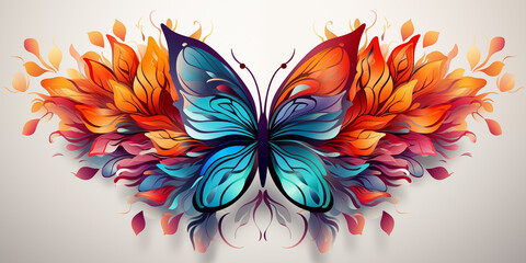 Zeichnung eines bunten abstrakten Schmetterling in farbenfrohen Design für Hintergrundmotiv im Querformat für Banner, ai generativ
