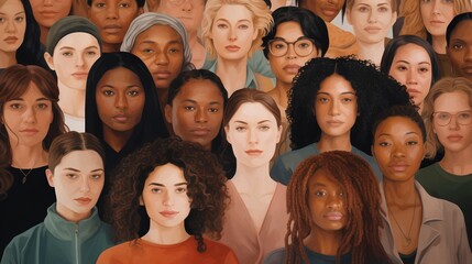 A vibrant illustration showcasing a diverse group of women from various cultural and ethnic backgrounds standing together in solidarity, symbolizing female empowerment and unity across differences. - obrazy, fototapety, plakaty