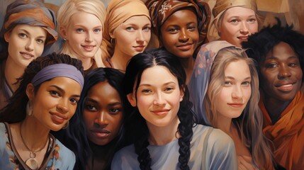 Fototapeta premium A vibrant illustration showcasing a diverse group of women from various cultural and ethnic backgrounds standing together in solidarity, symbolizing female empowerment and unity across differences.