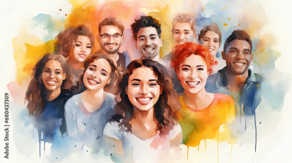 Wall mural A joyful assembly of diverse friends from various ethnic and cultural backgrounds, smiling and embracing unity and friendship in a vibrant social setting.