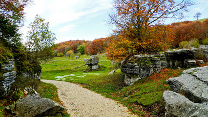 Foliage d'autunno nella valle delle Sfingi. Camposilvano, Verona. Italia