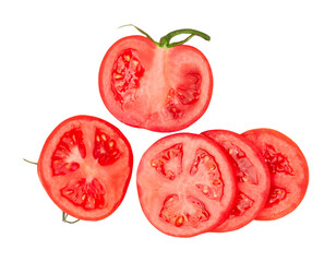 Tomato slices isolated on a white background, top view