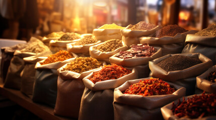 Fototapeta premium the oriental spices in the bazaar market, packed in bags