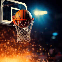 A basket ball flies into the basket against the background of a basketball arena, the theme of a basketball game, a competition.