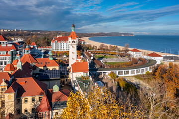 Aerial view of the Sopot city by the Baltic Sea at autumn, Poland