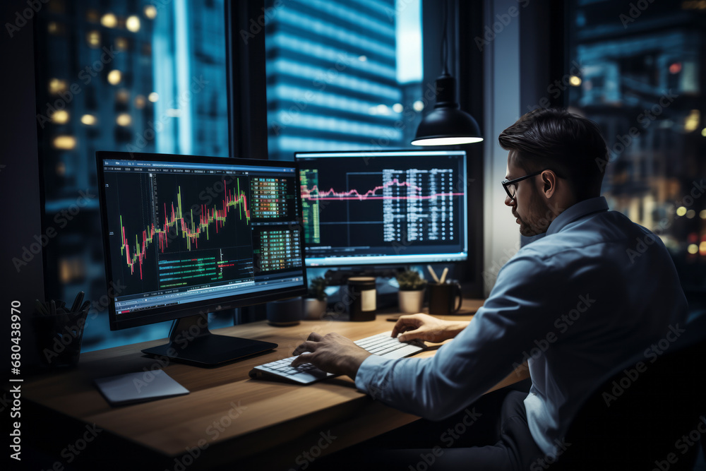 Poster a man at a computer against the background of stock quotes and the evening city.